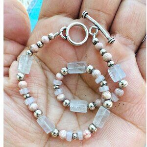 Handcrafted Quartz & Freshwater Pearls Rose Gold Bead Bracelet With Toggle Clasp